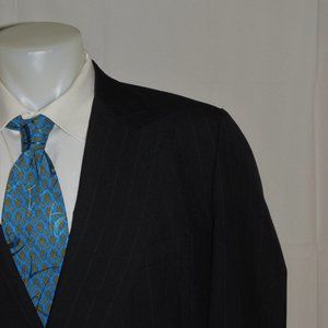 Paul Stuart Navy Blue Striped Vintage Peak Lapel Double Breasted Suit 46R